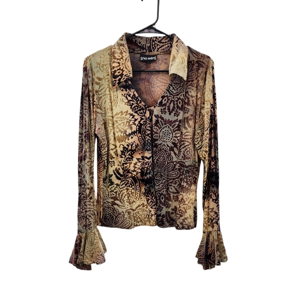 Sno Skins Women's Retro Stretch Flare Cuffs Long Sleeves Burnout Velvet Top